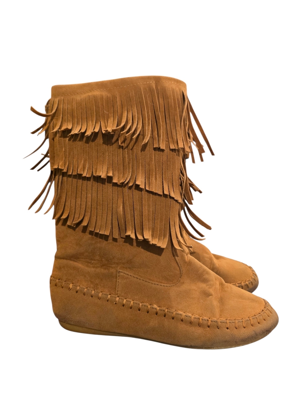 Link Tan Feux Suede Fringe Mid-Calf Lace-Up Boots Size 4